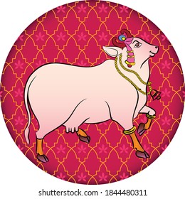 Holy cow in Kalamkari Indian traditional folk art on linen fabrics. It can be used for a coloring book, textile/ fabric prints, phone case, greeting card. logo, calendar