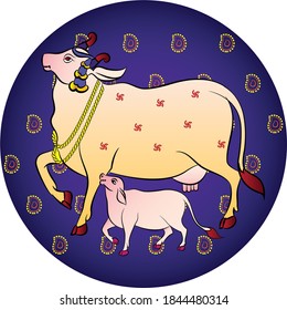 Holy cow in Kalamkari Indian traditional folk art on linen fabrics. It can be used for a coloring book, textile/ fabric prints, phone case, greeting card. logo, calendar