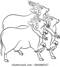 Holy cow in Kalamkari Indian traditional folk art on linen fabrics. It can be used for a coloring book, textile/ fabric prints, phone case, greeting card. logo, calendar