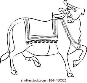 Holy cow in Kalamkari Indian traditional folk art on linen fabrics. It can be used for a coloring book, textile/ fabric prints, phone case, greeting card. logo, calendar