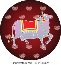 Holy cow in Kalamkari Indian traditional folk art on linen fabrics. It can be used for a coloring book, textile/ fabric prints, phone case, greeting card. logo, calendar
