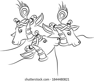 Holy cow in Kalamkari Indian traditional folk art on linen fabrics. It can be used for a coloring book, textile/ fabric prints, phone case, greeting card. logo, calendar