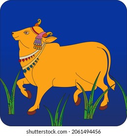 Holy cow in Kalamkari Indian traditional folk art on linen fabrics. It can be used for a coloring book, textile fabric prints, phone case, greeting card. logo, calendar