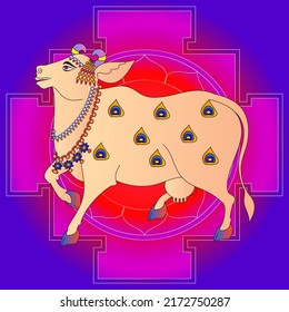 Holy cow in Kalamkari Indian traditional folk art on linen fabrics. It can be used for a coloring book, textile, fabric prints, phone case, greeting card. logo, calendar