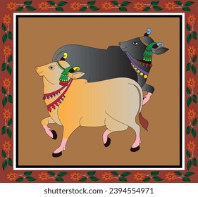 	
Holy cow in Kalamkari Indian traditional folk art on linen fabrics. It can be used for a coloring book, textile fabric prints, phone case, greeting card. logo, calendar	
