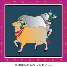 	
Holy cow in Kalamkari Indian traditional folk art on linen fabrics. It can be used for a coloring book, textile fabric prints, phone case, greeting card. logo, calendar	
