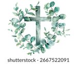Holy cross at the center, elegantly adorned with soft green eucalyptus leaves vector illustration. Watercolor technique gentle touch, tranquility and spirituality of the piece. 