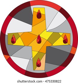 The holy cross with five drops as a symbol for the stigmata. 