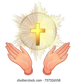 Holy Cross. Open human hands showing a main symbol of Christianity. Praying or worshiping. Vector illustration of a devotion faithful christian worshiping Son of Lord (Jesus Christ). Church logo art.