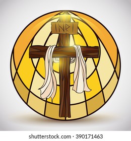 Holy Cross with a sign and fabric in stained glass style in shiny rounded button.