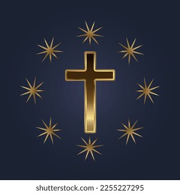 holy cross surrounded by golden stars, gold holy cross protected by lucky star on dark background.