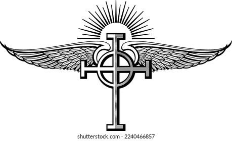 Holy cross winged emblem. Heaven symbol engraving