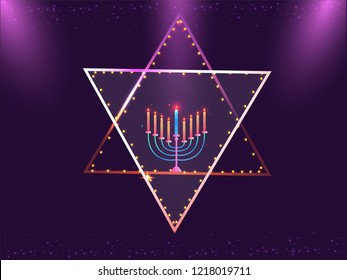 Holy David Star decorated with illuminated light bulbs with candelabrum on purple background. Jewish Holiday celebration.