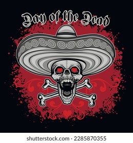 Holy Death, Day of the Dead, mexican sugar skull in sombrero, grunge vintage design t shirts