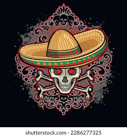 Holy Death, Day of the Dead, mexican sugar skull in sombrero, grunge vintage design t shirts