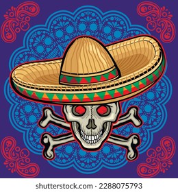Holy Death, Day of the Dead, mexican sugar skull in sombrero, grunge vintage design t shirts