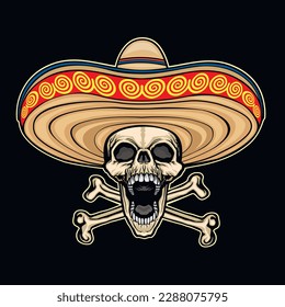 Holy Death, Day of the Dead, mexican sugar skull in sombrero, grunge vintage design t shirts