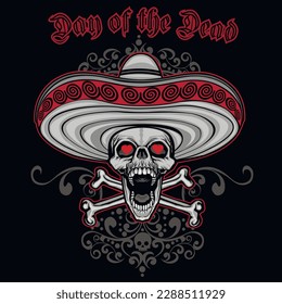 Holy Death, Day of the Dead, mexican sugar skull in sombrero, grunge vintage design t shirts