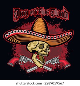 Holy Death, Day of the Dead, mexican sugar skull in sombrero, grunge vintage design t shirts