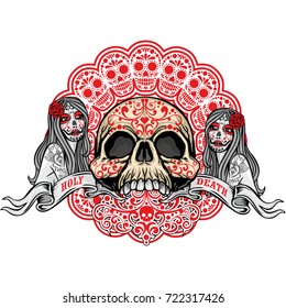 Holy Death, Day of the Dead, mexican sugar skull vintage design t shirts