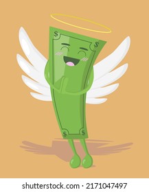 Holy dollar money. Cute happy money banknote with wings. Flat vector cartoon character illustration icon design. A dollar bill, money, a banknote with a halo over it.