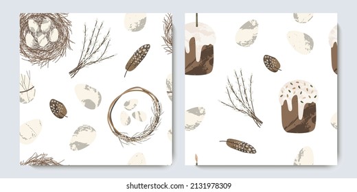 Holy Easter background. Cute egg, nest, wreath, willow. Eco decoration. Vector flat cartoon seamless pattern. Perfect for textile, fabric, wrapping