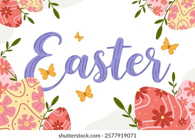 Holy Easter banner with hand drown lettering decorated eggs and delicate butterflies in joyful spring atmosphere. Cute spring composition with floral accents in vector flat style. For posters, decor.