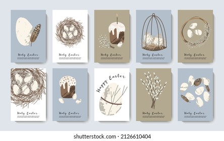 Holy Easter cards. Cute egg, nest, easter cake, willow. Eco decoration. Vector flat cartoon illustration. Perfect for poster, print, card, invitation, greeting, tag