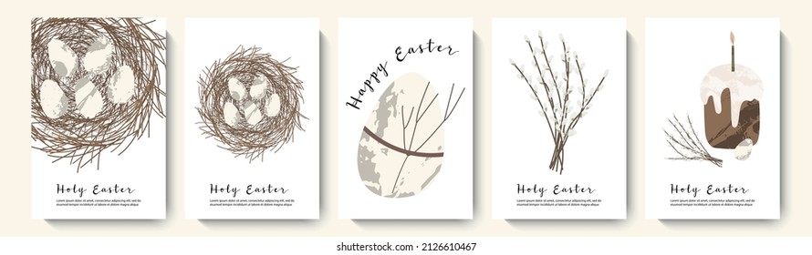 Holy Easter cards. Cute egg, nest, easter cake, willow. Eco decoration. Vector flat cartoon illustration. Perfect for poster, print, card, invitation, greeting, tag