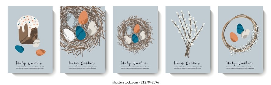 Holy Easter cards. Cute egg, nest, easter cake, willow. Eco decoration. Vector flat cartoon illustration. Perfect for poster, print, card, invitation, greeting, tag