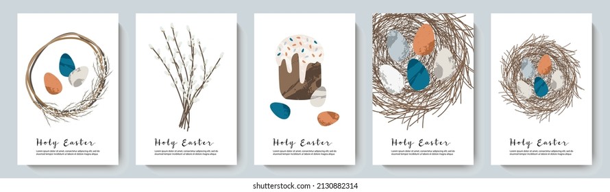 Holy Easter cards. Cute egg, nest, easter cake, willow. Eco decoration. Vector flat cartoon illustration. Perfect for poster, print, card, invitation, greeting, tag