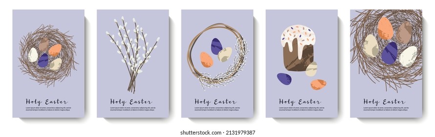 Holy Easter cards. Cute egg, nest, easter cake, willow. Eco decoration. Vector flat cartoon illustration. Perfect for poster, print, card, invitation, greeting, tag