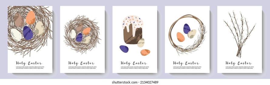 Holy Easter cards. Cute egg, nest, easter cake, willow. Vector flat cartoon illustration