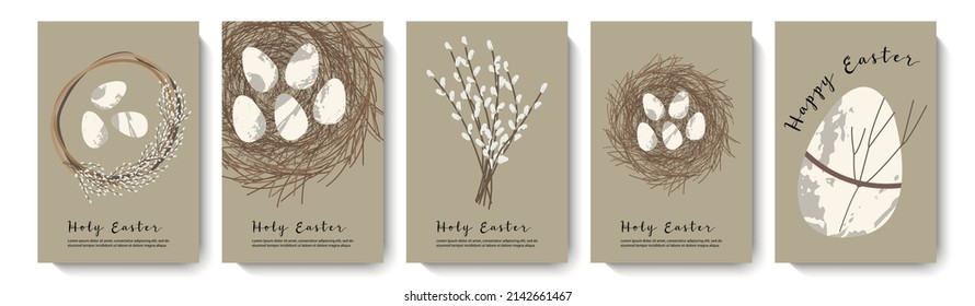 Holy Easter cards. Cute egg, nest, easter cake, willow. Eco decoration. Vector flat cartoon illustration. Perfect for poster, print, card, invitation, greeting, tag