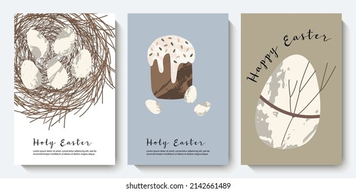 Holy Easter cards. Cute egg, nest, easter cake, willow. Eco decoration. Vector flat cartoon illustration. Perfect for poster, print, card, invitation, greeting, tag