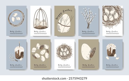 Holy Easter cards. Cute egg, nest, easter cake, willow. Eco decoration. Vector flat cartoon illustration. Perfect for poster, print, card, invitation, greeting, tag