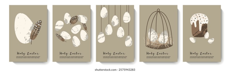 Holy Easter cards. Cute egg, nest, easter cake, willow. Eco decoration. Vector flat cartoon illustration. Perfect for poster, print, card, invitation, greeting, tag