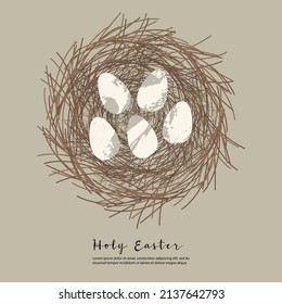 Holy Easter. Cute egg, bird nest. Vector flat cartoon illustration. Perfect for poster, print, card, invitation, greeting, tag