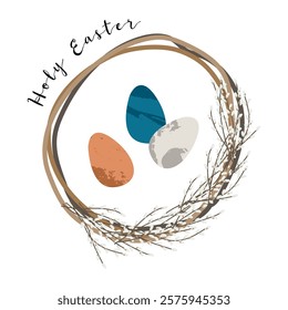 Holy Easter. Cute egg, bird nest, wreath, willow. Eco decoration. Vector flat cartoon illustration. Perfect for poster, print, card, invitation, greeting, tag