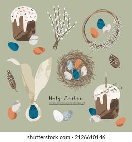 Holy Easter. Cute egg, nest, easter cake, willow. Eco decoration. Vector flat cartoon illustration