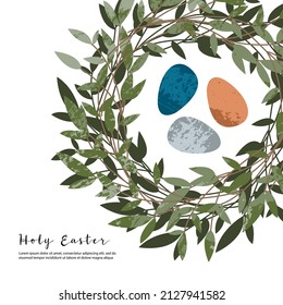 Holy Easter. Cute egg, nest, wreath. Eco decoration. Vector flat cartoon illustration. Perfect for poster, print, card, invitation, greeting, tag