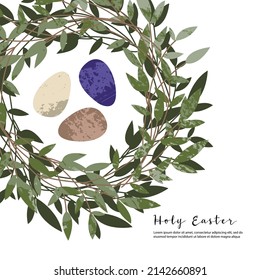 Santa Pascua. Huevo, nido, corona. Decoración ecológica. Ilustración de dibujos animados planos vectores. Perfecto para póster, imprimir, tarjeta, invitación, saludo, etiqueta