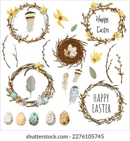 Holy Easter. Cute egg, nest, easter eggs, willow. Eco decoration. Vector flat cartoon illustration