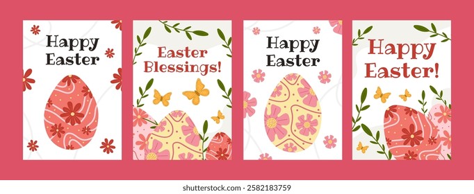 Holy Easter greeting card set with decorative eggs, spring flowers, and butterflies. Cute set illustrations in Easter symbols style with red, yellow, green color. For postcards, social media banners.