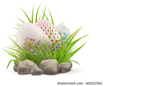 Holy Easter holiday colorful postcard with three painted decorated eggs hiding in green grass, vector realistic illustration
