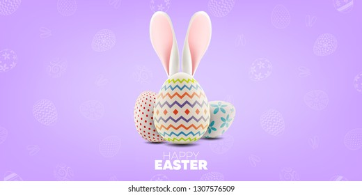 Holy Easter holiday greeting colorful postcard with decorated easter eggs and rabbit ears on background, vector realistic illustration ready for your easter design