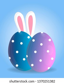 Holy Easter holiday greeting colorful postcard with decorated easter eggs and rabbit ears on background