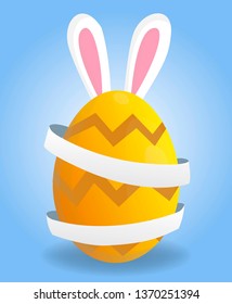 Holy Easter holiday greeting colorful postcard with decorated easter eggs and rabbit ears on background
