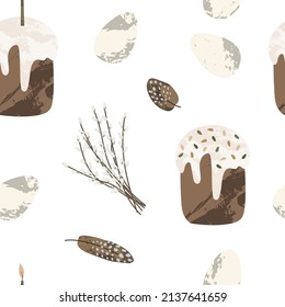 Holy Easter seamless pattern. Cute egg, easter cake, feather, willow. Vector flat cartoon background