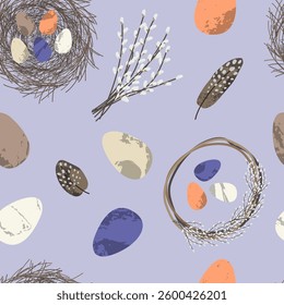 Holy Easter seamless pattern. Cute egg, nest, easter cake, willow, feather. Eco decoration. Vector flat cartoon illustration. Perfect for fabric, textile, wrapping, packaging